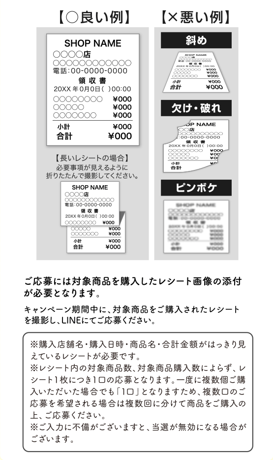 ご応募には対象商品を購入したレシート画像の添付が必要となります。キャンペーン期間中に、対象商品をご購入されたレシートを撮影し、LINEにてご応募ください。※購入店舗名・購入日時・商品名・合計金額がはっきり見えているレシートが必要です。※レシート内の対象商品数、対象商品購入数によらず、レシート１枚につき１口の応募となります。一度に複数個ご購入いただいた場合でも「1口」となりますため、複数口のご応募を希望される場合は複数回に分けて商品をご購入の上、ご応募ください。※ご入力に不備がございますと、当選が無効になる場合がございます。